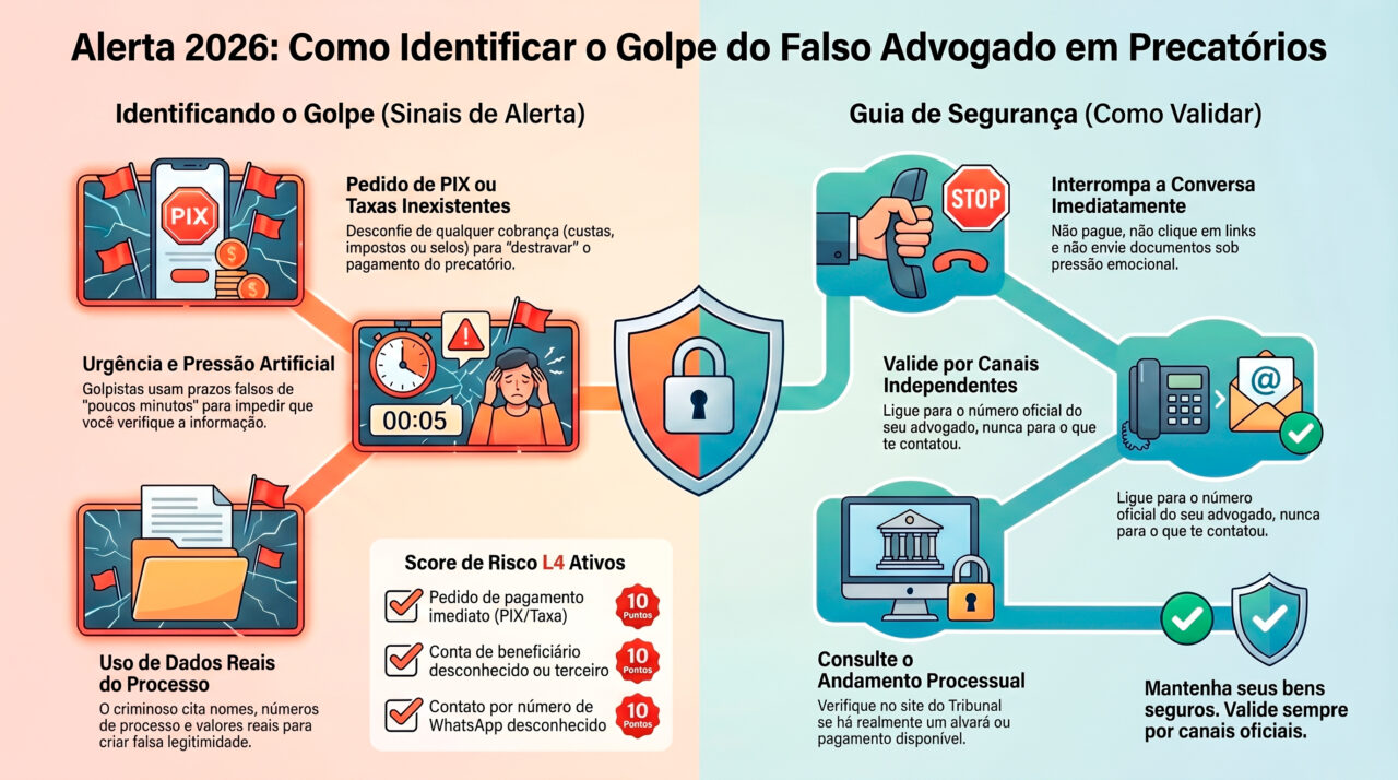 Golpe falso advogado precatorios com alerta de fraude em negociação de crédito judicial