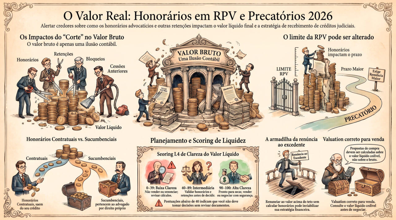 Honorarios RPV precatorio 2026 com análise de valor liquido e descontos
