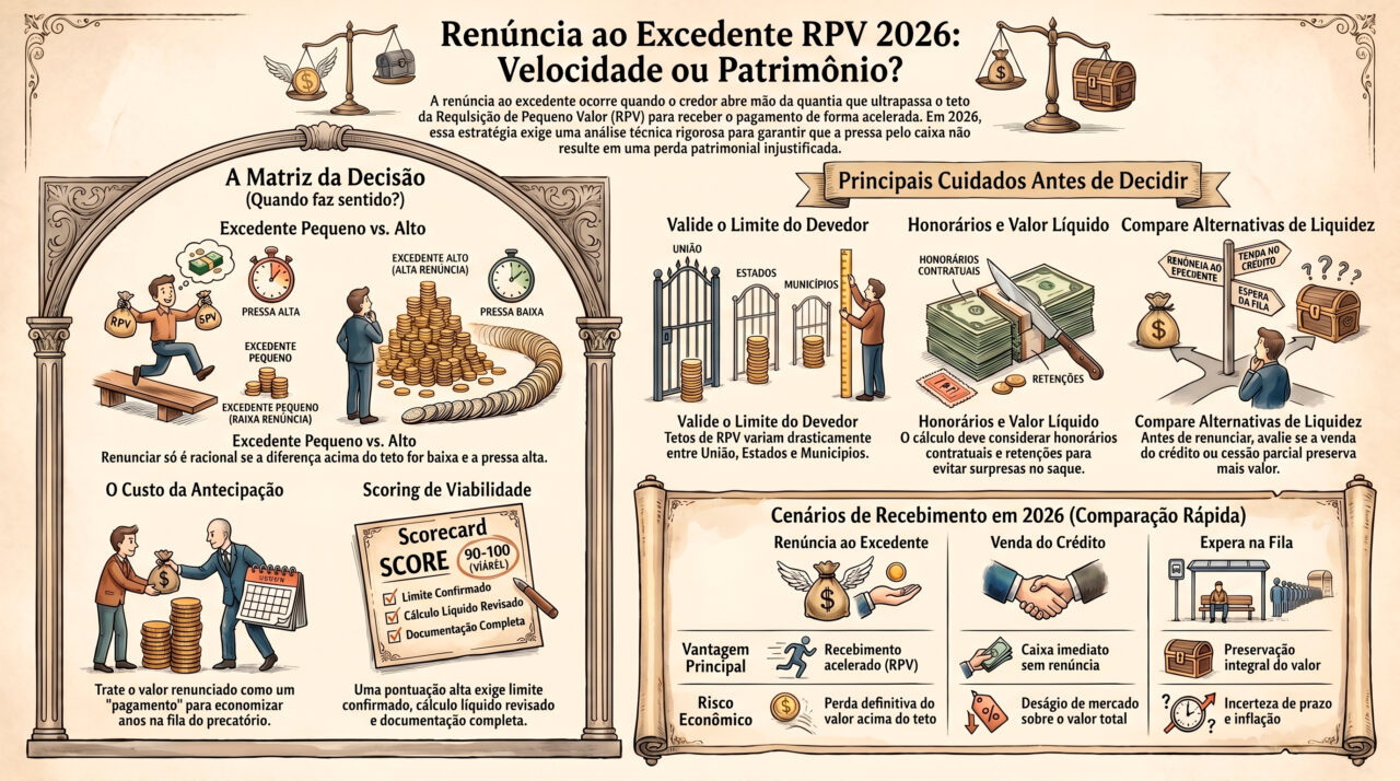 Renuncia excedente RPV 2026 com análise para receber sem precatório